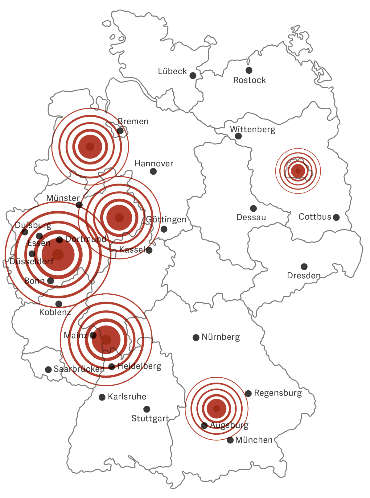 Deutschlandkarte mit eingezeichneten Verteilgebieten